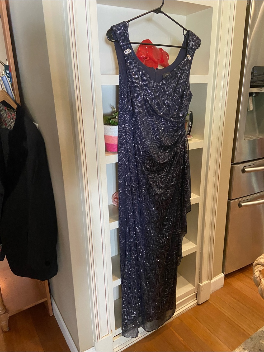 R&M Richards Navy Beaded Sleeveless Evening Gown